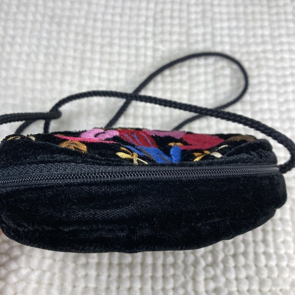 Embroidered Round Crossbody Black Velvet Bag With Children and World Lined  Zip